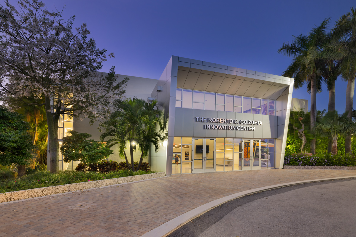 Dusk exterior of Belen Jesuit Innovation Ctr in Miami, FL.